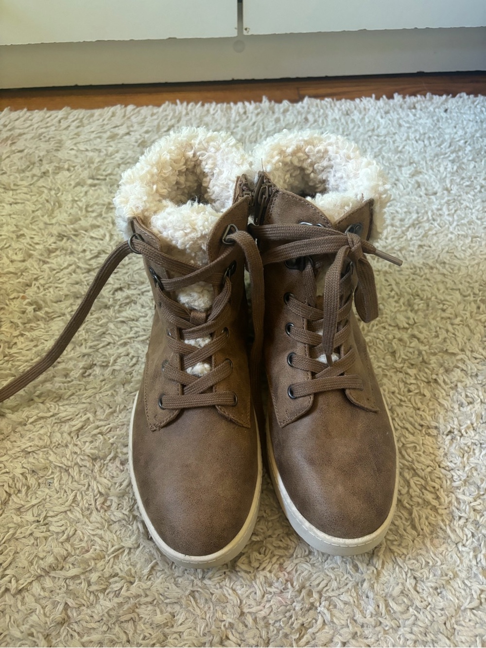 Cozy Taupe Lace-Up Faux-Suede Ankle Booties with Sherpa Collar